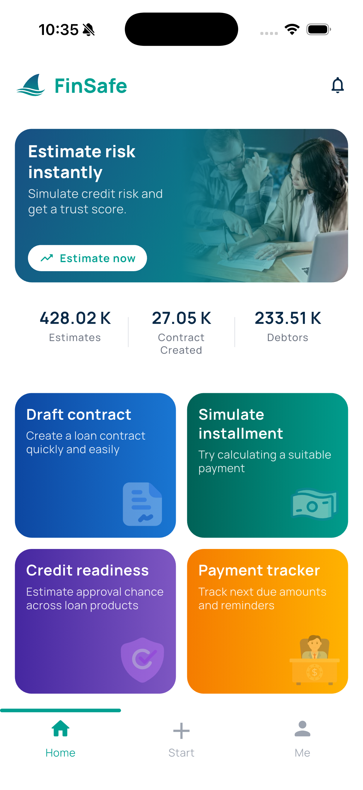 FinSafe app screen showing risk checks, contract drafting, and payment tracking